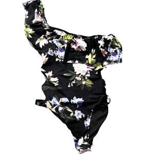 bebe One Shoulder Ruffle Floral One Piece Swim Bathing Suit Large
